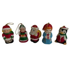 5 Vtg Hand-Painted Ceramic Christmas Bell Ornaments Santa Mrs Claus Drummer